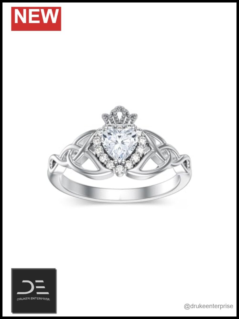 Sterling Silver Claddagh Ring Heart Moissanite Celtic Knot Promise